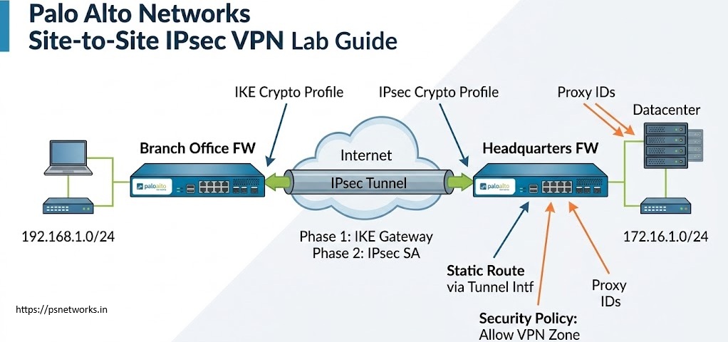 Palo Alto Firewall VPN Configuration Diagram: LAN Subnets, Phase 1/Phase 2 Crypto Profiles, and Security Policies