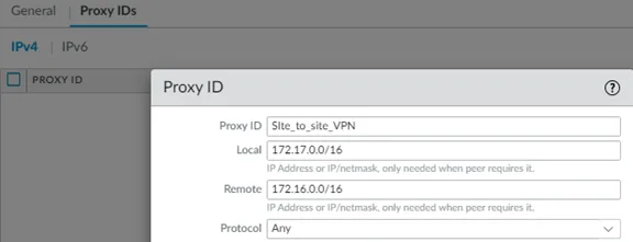 Configure Proxy IDs (Local and Remote subnets).